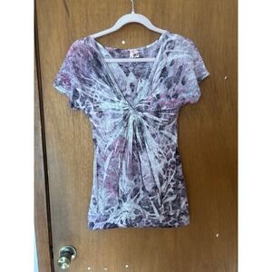 Y2K DayTrip Women's Short Sleeve Twist Front Top Purple Abstract Print Size M